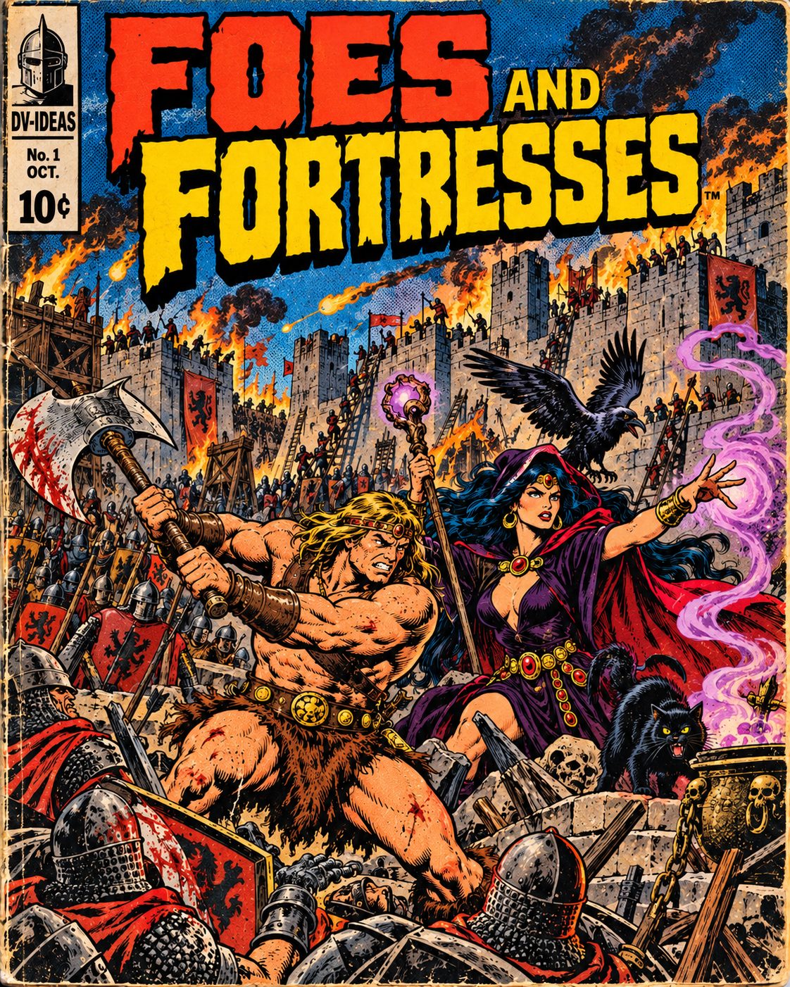 Foes and Fortresses comic cover: a barbarian and a sorceress fight before a burning fortress under siege
